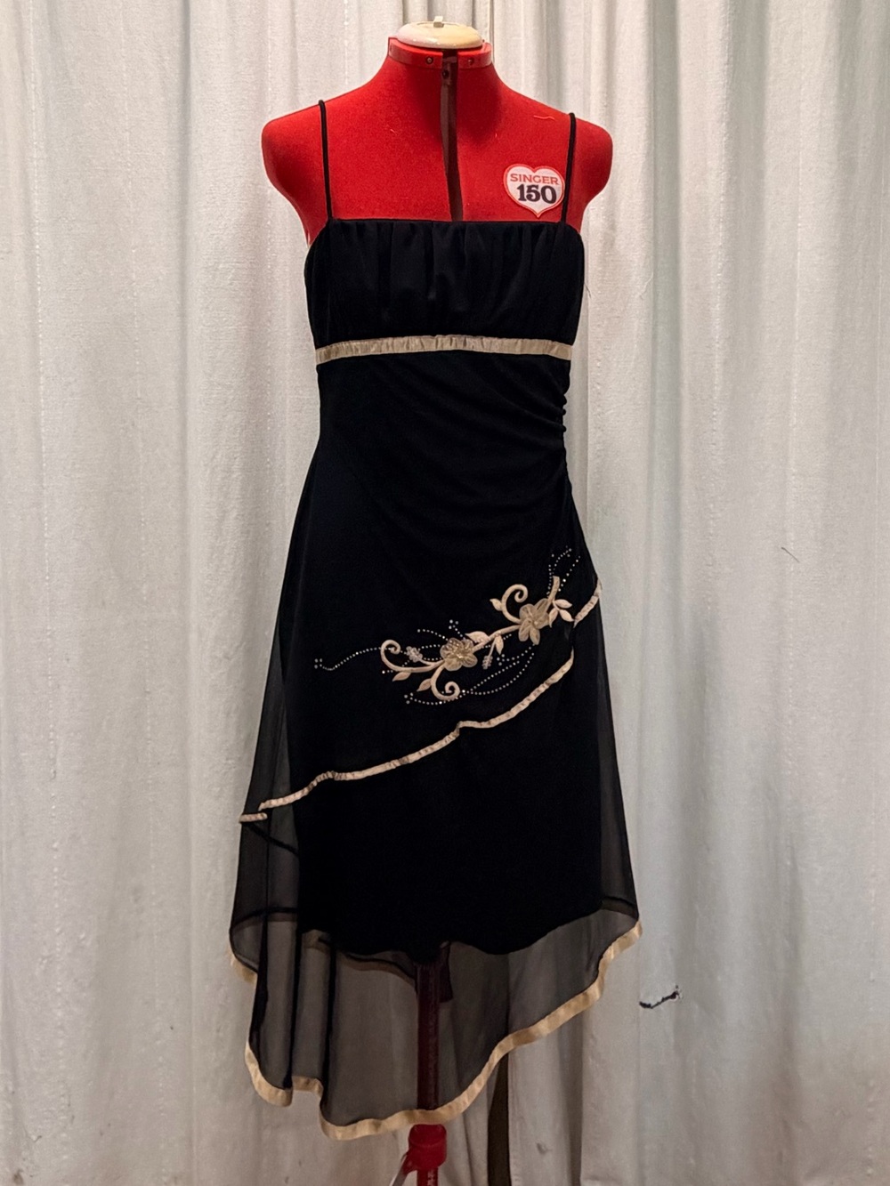 🌺 90’s/2000’s Formal Midi Black Assymetrical Sheer Dress with Floral Appliqué